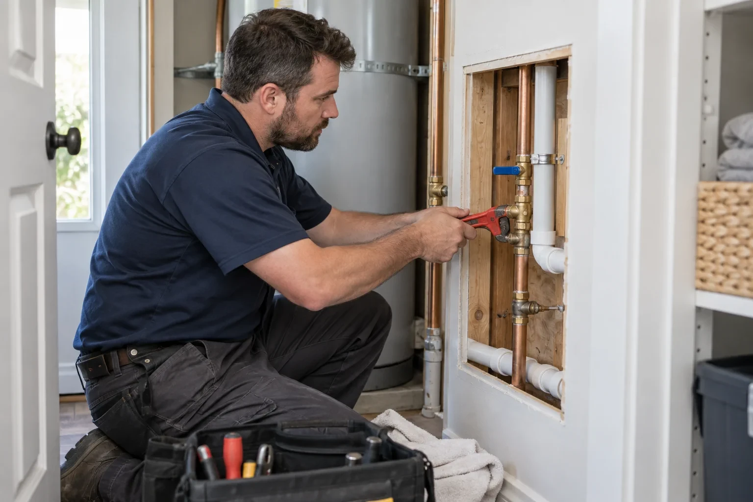 Plumber repairing an exposed water pipe inside a utility closet in a Redmond home