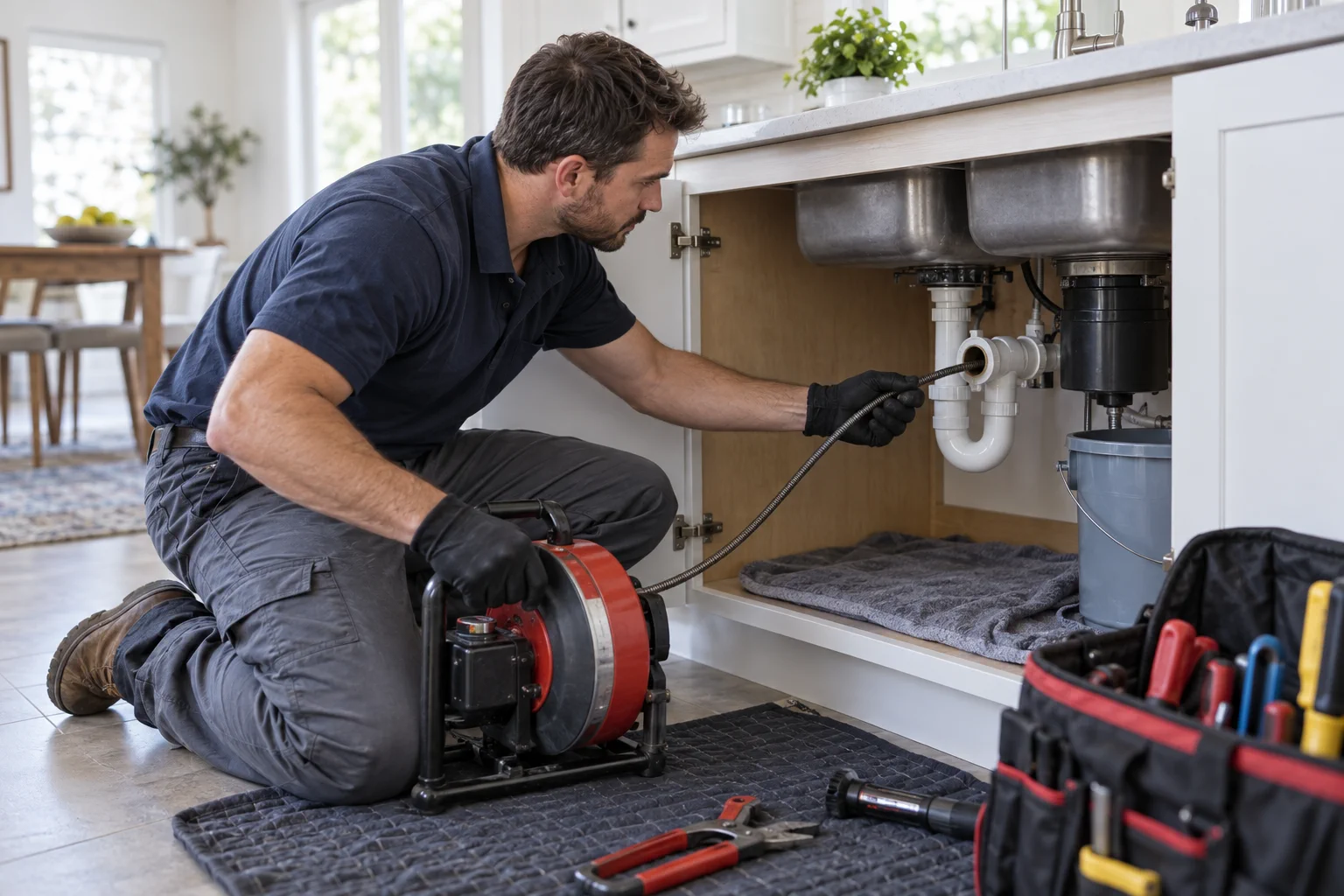 Plumber using a drain auger beneath a kitchen sink