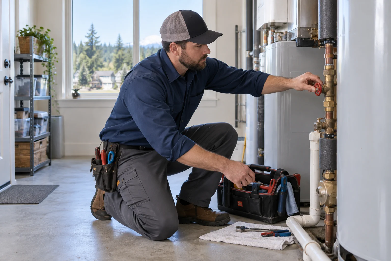 Plumber reaching the main water shutoff during an urgent residential plumbing visit