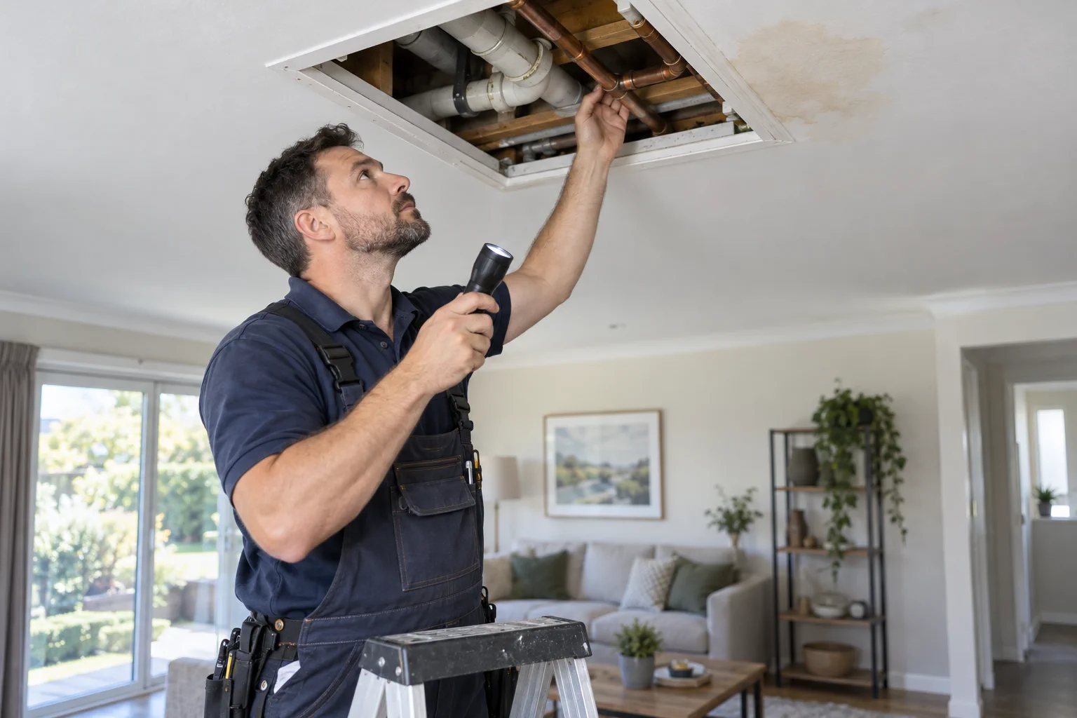 Plumber inspecting a ceiling access point near a water stain